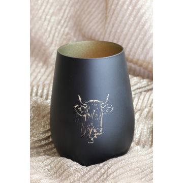 schwarzes Windlicht mit goldenem Kuhmotiv